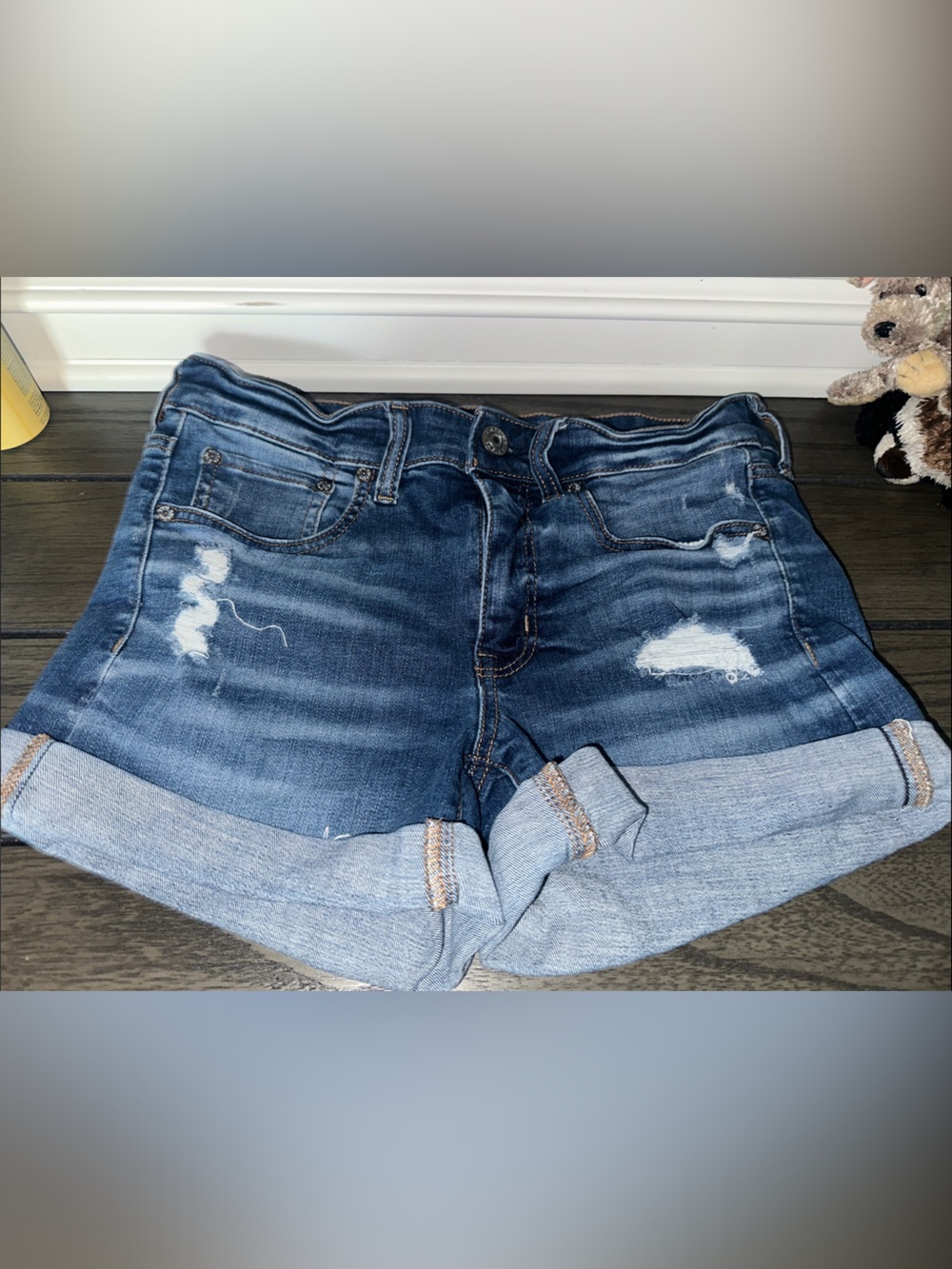 American Eagle Outfitters Distressed Dark Blue Denim Roll-Cuff Shorts